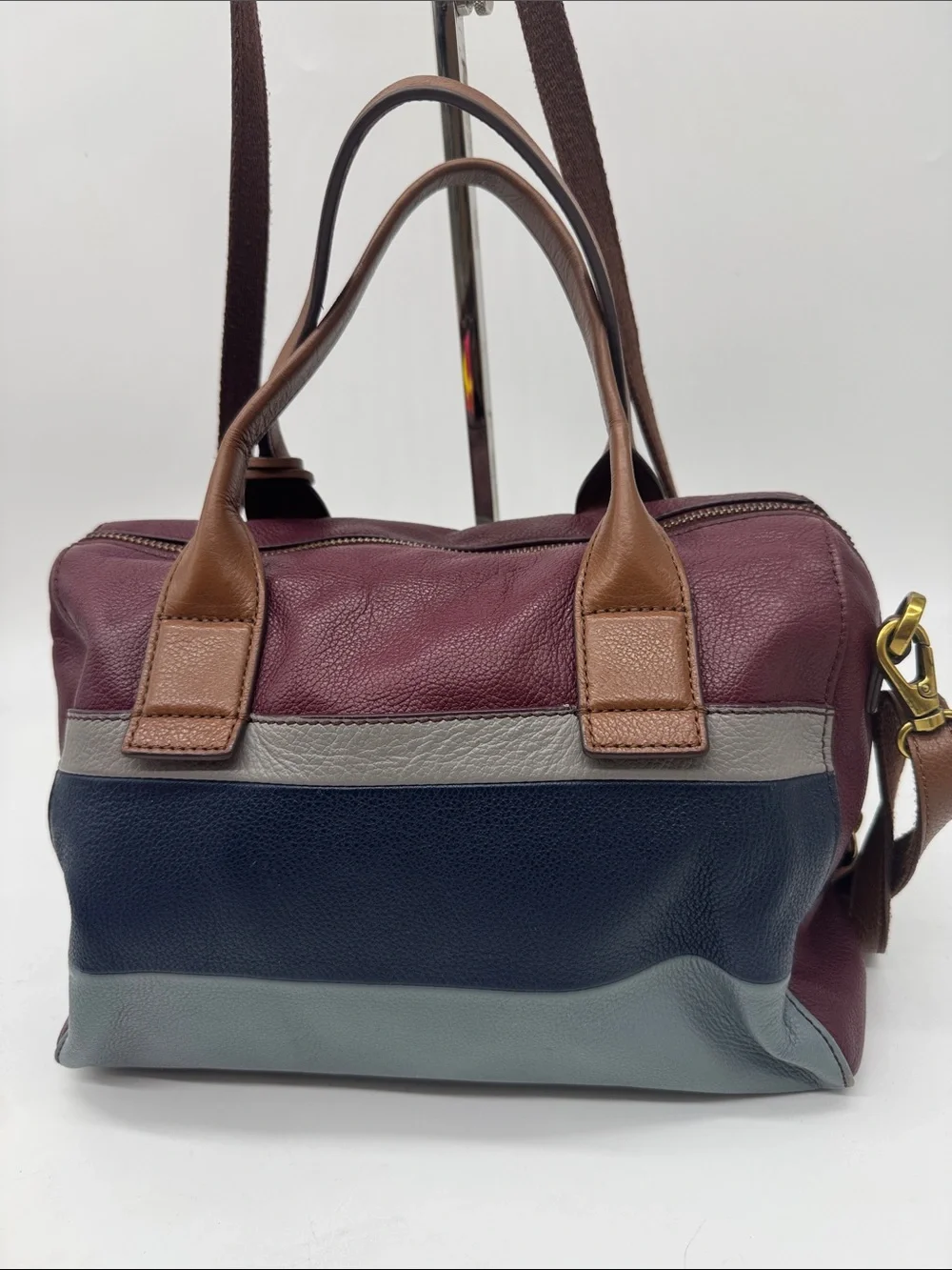 Fossil Leather Colorblock Satchel Bag in Burgundy, Navy & Gray
